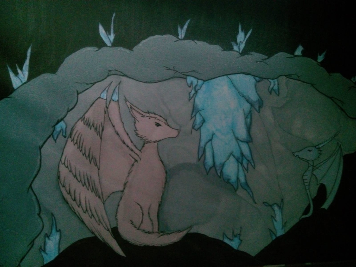 Wolf & Drache in einer Höhle