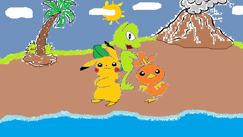 Pikachu, Geckarbor und Flemmli am Strand