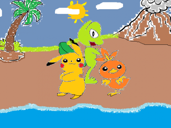 Pikachu, Geckarbor und Flemmli am Strand