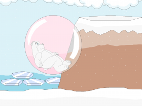 Der Eisbär schwebt gemütlich in seiner Kaugummiblase